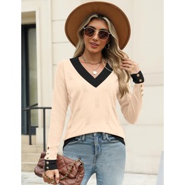 AKEWEI Womens Business Casual Tops V Neck Long Sleeve Sweaters Lightweight Work Pullover(Apricot Black Edge,XL)