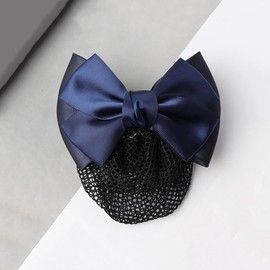 2Pcs Bowknot Hair Snood Net Barrette Bun Cover Bow Ribbon Barrette with Net Barrettes Net Snood Hairnet Bow Bowknot Decor for Women Lady (Black+Blue)