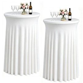 2 Packs Round Spandex Cocktail Table Skirt 32"x 43" Spandex Stretch Cocktail Tablecloth with Wavy Drapes, White Spandex Fitted High Top Round Table Covers for Wedding Bar Party Birthday Banquet Tables