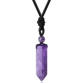 XIANNVXI Crystal Necklace Men's Hexagonal Crystal Pendant Chain Polished Gemstones Adjustable Black Leather Rope Reiki Healing Stones Necklace Women's Jewellery, Amethyst Braided Rope