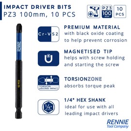 10 x Rennie Tools 100mm Long PZ3 Impact Screwdriver Driver Bits Set. Heavy Duty PoziDriv POZI No.3 Magnetic Screwdriver Bit Set. PZ3 Impact Driver Bits Pozidrive Screw Accessories.