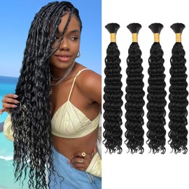 Human Braiding Hair Mix Synthetic Boho Hair for Braiding, 16 Inch 200g Boho Braids 4 Bundles Wet and Wavy Curly Deep Wave Bulk Bohemian Extensions for Black Women (1B, 16inch)
