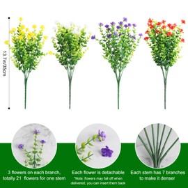 Greenma 4PCS Faux Flowers (Red/Yellow/White/Purple) No Fade Artificial Shrubs Fake Plants Greenery, Plastic Woven Rattan Vase and Odor Absorber Beads Set for Home Decor Air Purifying