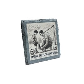Passing Skills, Sharing Smiles Soccer-Themed Slate Coaster for Soccer Fans & Family Moments (slco-kf25-footballdad&sonlacedb)