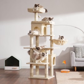 Heybly Cat Tree, 70-Inch Cat Tower for Indoor Cats, Multi-Level Plush Cat Condo with 8 Scratching Posts, 2 Caves, 2 Perches, Hammock, Basket, Pompom, Beige HCT036M