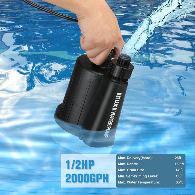 KITLUCK Sump Pump, 1/2HP 2000GPH Submersible Water Pump Electric, Thermoplastic