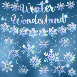 Pinkunn Winter Wonderland Party Decoration Iridescent Christmas Decoration Hanging Snowflake Garland Ornaments Iridescent Glitter Paper Spiral Banners for Holiday Birthday Home Party Decor