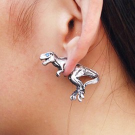 Wendalern Punk Dinosaur Earrings for Women Silver Dinosaur Ear Jacket Earrings Cute 3D Dinosaur Stud Earrings Fashion Tyrannosaurus Rex Earrings Jewerly Gifts for Girls Children, Zinc