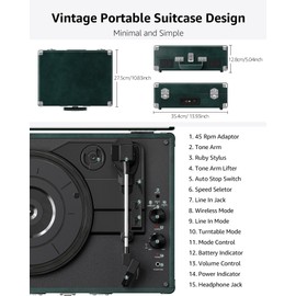 Vinyl Record Player with Speakers Vintage Bluetooth Turntable, Battery Powered 3-Speed Vinyl Player, Retro Suitcase Phonograph, Portable Lp Player RCA Out AUX in Headphone Jack