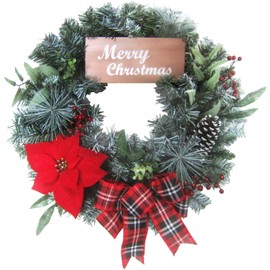 "Fraser Hill Farm 24"" Christmas Wreath with Poinsettia Bloom, Bow, & Merry Christmas Greeting, FF024CHWR008-0GR/RD", green/red