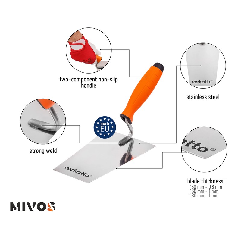 Mivos Stainless Steel Trapezoidal Trowel 180 mm - Rustproof Masonry