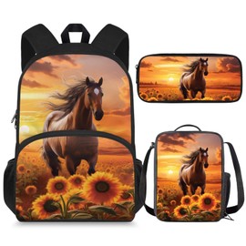 Luarisgur Horse Sunflower School Backpack for Girls 10-12 Kindergarten Elementary School Bags Kids Bookbag Cute School Bag Set with Lunch Box Pencil Case Mochilas Escolares Para NiñAs