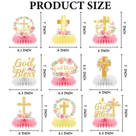 Holy Communion Table Decorations - 9PCS First Communion Decorations, Baptism Decoration,Elegant God Bless Honeycomb Centerpieces for Tables, Pink or Gold 3D Center Pieces Decoration for Table (Pink)
