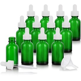 1 oz / 30 ml Green Glass Boston Round Empty Bottle with White Dropper (12 pack) + Funnel