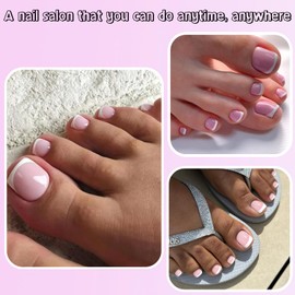 Fake Toe Nails Set - 240PCS Short Square False Toenails Kit With Glue - White French Tip Pink Glossy Full Cover Fake Toe Nails - 12Size Stick on Toenails Tip for Women Nail Art DIY
