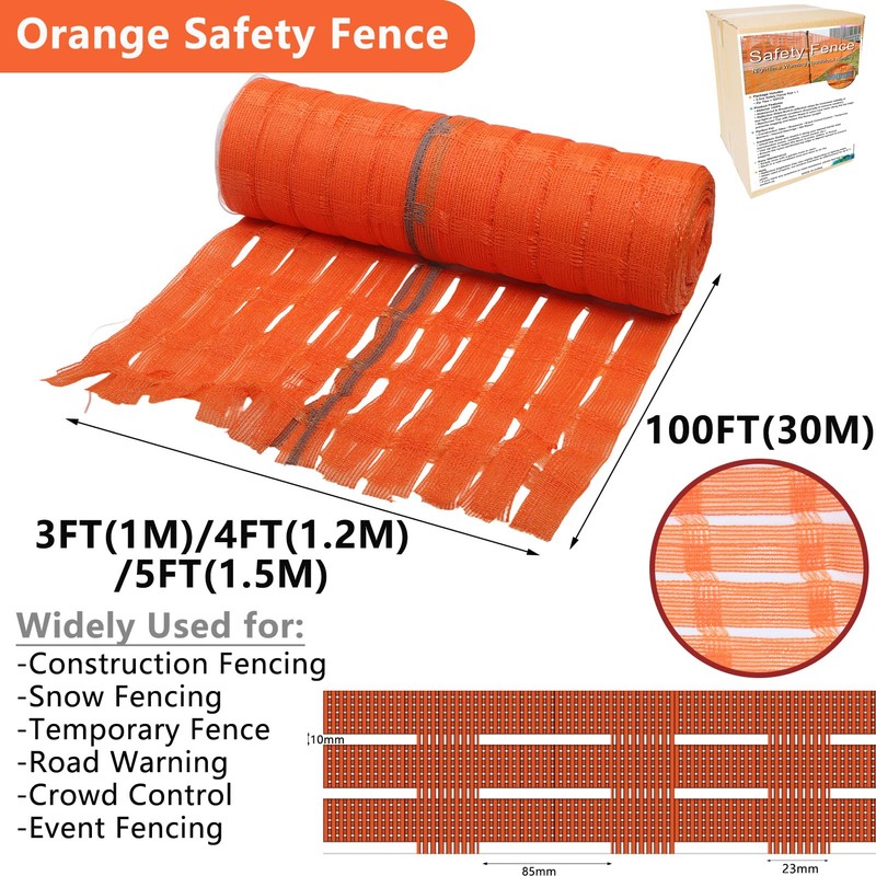 4'x100' Safety Fence with Reflective Strips, Orange Construction Barrier Fence