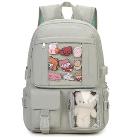 PRLINJSK Kawaii Backpack for Teen Girls, Cute Aesthetic High Middle School College Bookbag with Accessories, Green