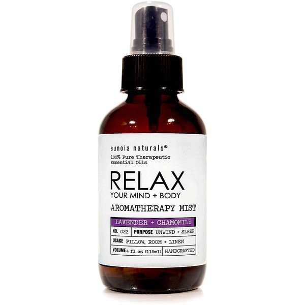 Relax- Lavender + Chamomile Aromatherapy Mist, Lavender Pillow Spray, Lavender Sleep Spray, Relaxing + Calming Aroma, Bedtime Lavender Spray, Relax Lavender Spray, 4oz Glass