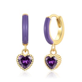 VYYU Purple Earrings for Women Girls - Small 9mm Inner Diameter Heart Drop Earrings with Shiny Purple Crystal, Hypoallergenic 14K Gold Hoops Dangle Womens Jewellery Christmas Anniversary Birthday
