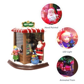 MOMENTS IN TIME Christmas Village Vintage Corner Gift Shop with Santa Claus LED Lights & Music, 8 Christmas Songs, Battery Operated, Handcrafted Polyresin Santa Figurine Holiday Decoration
