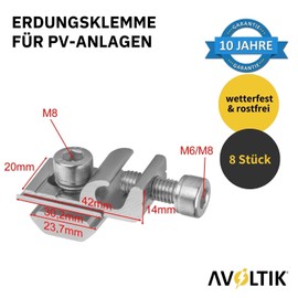 Avoltik Earth Clamp for PV Modules, Pack of 8, Solar Panel Clamps Made of Robust & High-Quality Aluminium, Rustproof & Durable PV Earth Clamp, Practical Solar Accessories with Lightning Protection