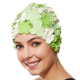 BEEMO Floral Petal Ladies Bathing Swim Cap - Green/White