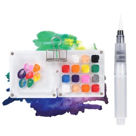 Mini Watercolor Palette, Portable Paint Palette with Brush Pens for Mini Sketchbook, Travel Painter,15 Grids Acrylic Clear Palette with Two Clip