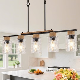 Dining Room Light Fixture, 5-Light Black Chandeliers for Dining Room, Farmhouse Kitchen Island Lighting Rustic Ceiling Hanging Pendant Light Fixtures with Water Ripple Glass Cover, E26 Socket