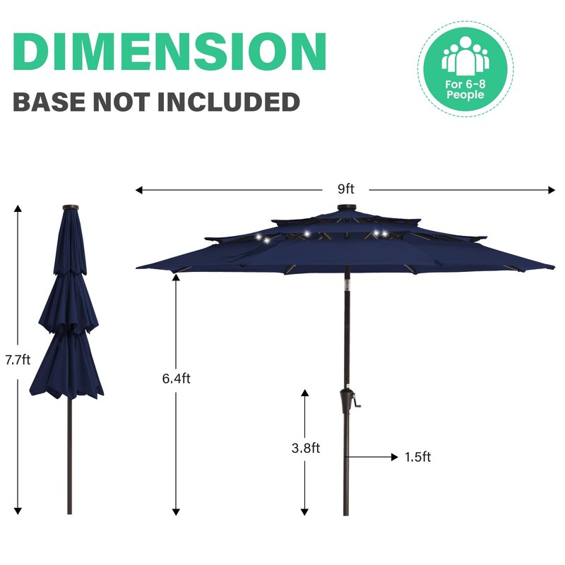 JEAREY 3 Tiers Patio Umbrella with Solar Lights 9ft Outdoor