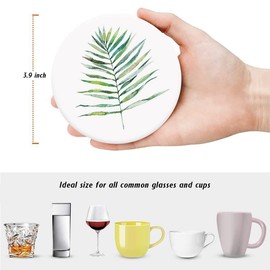 HUXJOKO Coasters for Drinks Set of 6,Watercolor Green Tropical Leaf Absorbent Ceramic Coaster,Round Stone Mat,with Cork Base and Metal Holder for Coffee Table Room Bar Home Decor Housewarming Gifts