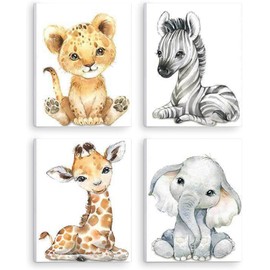 Kiddale Baby Watercolor Animals Wall Art Prints Set of 4 (8x10),Tiger Elephant Zebra Giraffe Safari Animals Pictures Nursery Decor Art,Stretched and Framed Ready to Hang