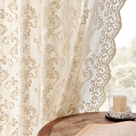 FOLKSIDE Beige Lace Curtains - 84 Inch Long, 2 Panel Vintage Paisley Curtains for Living Room & Bedroom - Rod Pocket, Light Filtering, French Crochet, Victorian Sheer Drapes - 52x84