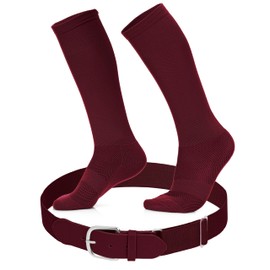 Youth Baseball Socks and Belt Set - Baseball or Softball Socks and Adjustable Belt (Large, Maroon)