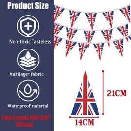 Union Jack Flags Bunting Banner with 30pcs Triangular British Flag,10m/32.8ft UK Great Britain England Fabric Bunting Flags for VJ Day 80th Anniversary Decorations,Garden Outdoor Union Jack Party