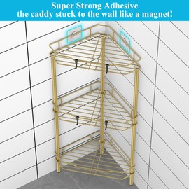 HuggieGems 3 Tier Floor Standing Corner Shower Caddy Organizer Shelf with Hooks, Bathroom Shelves Stand Rack, Gold