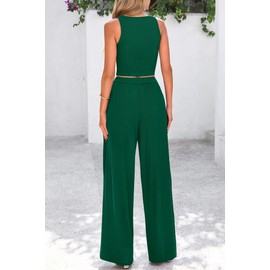 PRETTYGARDEN Womens Summer 2 Piece Sets Ribbed Knit Crew Neck Sleeveless Crop Tank Tops Wide Leg Pants Casual Lounge Set (Green,Medium)
