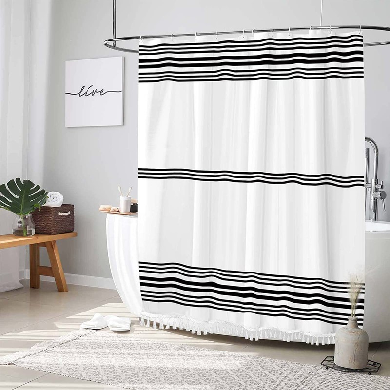 Seasonwood Black and White Shower Curtain with Tassels,Farmhouse Fabric for