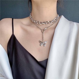 Iaceble Boho Layered Butterfly Y Necklace Silver Butterfly Pendant Necklace Butterfly Y Lariat Necklace Chunky Curb Chain Choker Necklace Long Butterfly Drop Necklace Jewelry for Women