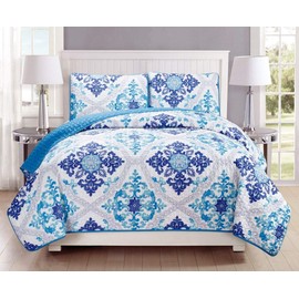 Grand Linen 3-Piece Fine Printed Quilt Set Reversible Bedspread Coverlet King Size Bed Cover (Turquoise, Blue, White, Grey, Navy)