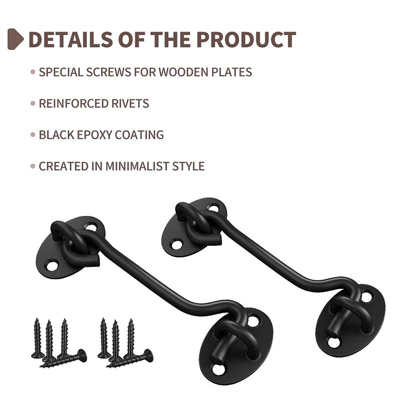 Cabin Hook Gate Hook Lock Black,2Pcs 75mm Stainless Steel Heavy