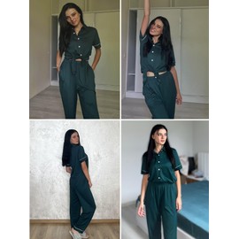 Ekouaer Women Pajamas Set Button Down Short Sleeve Pjs Set Soft Lounge Set with Long Pants,Green M