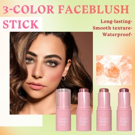 3PCS Blush Stick for Cheeks,Multi-use Solid Matte Makeup Stick Blush Cream for Cheek Eyes and Lips Tint,Moisturizing Tinted Cream Blush,Natural Blendable Cheek Blusher with 3 Makeup Sponges A2
