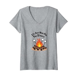 I'm Just Here for The S'Mores Campfire Humor V-Neck T-Shirt, Women, Heather Grey