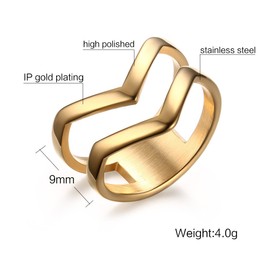 HUANIAN Fashion Gold Plated Stainless Steel Double Chevron V Shape Knuckle Midi Ring for Women,Gold,Size 9
