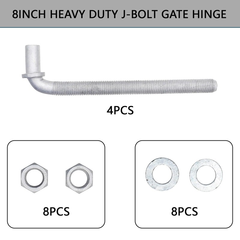 4Pcs 8inch J-Bolt Post Gate Hinge, Heavy Duty J-Bolt Gate