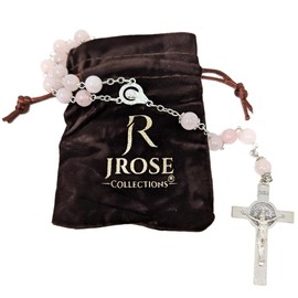 Rose Quartz Gemstone Rosary Beads Necklace with Silver Cross Pendant - Includes JRose Velvet Gift Bag - Handcrafted Prayer Beads for Devotion and Meditation