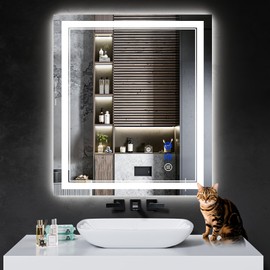 InfiniGlass 36"x28" LED Bathroom Mirror with Anti-Fog, Stepless Dimmable Lights, 3 Color Modes, Shatter-Proof Tempered Glass, Memory Function & Waterproof Design