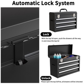 Portable Metal Tool Box, 3 Drawers Lockable Heavy Duty Tool Chest Storage Toolbox with Ball-Bearing Slides and 2 Metal Latches Closure for Garage, Workshop, Repair Shop (Black)