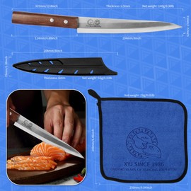 XYJ 8 Inch Fillet Knife for Right Hand, Stainless Steel Fish Sashimi Knives with Plastic Sheath, Ergonomic Handle, Mini Knife, Washing Cloth, Kitchen Tools