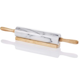 JEmarble Rolling Pin-Wooden Handles(White)(Premium Quality) Polished Surface 18-inch(10"Barrel) Genuine Stone Non-stick Save Effort Easy to Clean